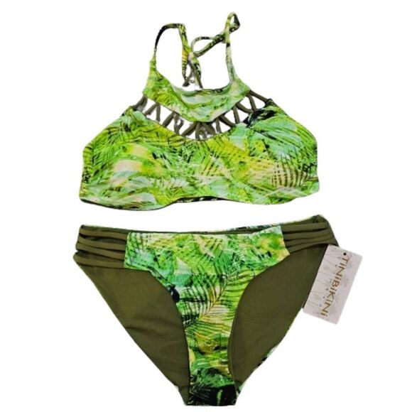 TiniBikini Women's Tropical Green Reversible high neck Bikini Set Size Medium - Picture 1 of 9